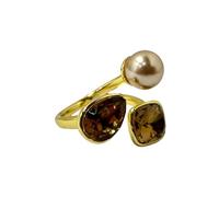Pearl Crystal Statement Ring for Women, Adjustable Open Band Comfort Fit - Size O to Y, Geometric Art Deco Stacking Cocktail Party Wedding Trendy Jewellery Gift (Gold)
