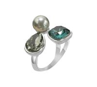 Pearl Crystal Statement Ring for Women, Adjustable Open Band Comfort Fit - Size O to Y, Geometric Art Deco Stacking Cocktail Party Wedding Trendy Jewellery Gift (Silver)