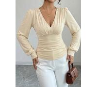 Pearl Decorated V-Neck Blouse Women Long Sleeve Solid | Hand-sewn pearl decor, v-neck design, long sleeve , solid color style, fashion forward look
