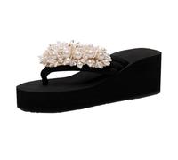 Pearl Decorated Wedge Platform Flip Flops for Women Casual Summer Party Thong Sandals Versatile Durable Lightweight Comfortable Breathable Non Skid Soft Sole for Beach Pool Daily Travel Indoor White