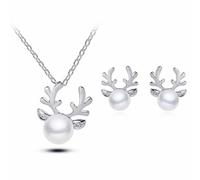 Pearl Deer Antlers Necklace Earrings Set 3Pcs Crystal Elk Pendant Necklace Studs Jewelry for Women Girls Christmas Gifts (Silver)