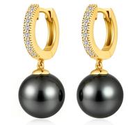 Pearl Earrings 925 Sterling Silver Pearls Huggie Dangle Drop Hoop Earrings Pearl with Cubic Zirconia Diamonds Jewelry Gifts for Women Bridal Wedding 10 mm Dark grey Gold Plated