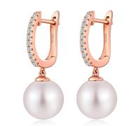 Pearl Earrings 925 Sterling Silver Pearls Huggie Dangle Drop U-Shaped Hoop Earrings Pearl with Cubic Zirconia Diamonds Jewelry Gifts for Women Bridal Wedding 10 mm Rose Gold