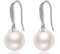 Pearl Earrings Pearl Dangle Earrings Women Drop Pearl Earrings Sterling Silver Leverback Pearl Earrings for Women White Faux Pearl Drop Earrings Cubic Zirconia Pearl Earrings 10mm
