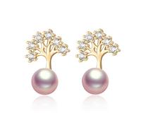 Pearl Earrings Stud Tree of life Jewellery Gifts for Women Ladies, Freshwater Cultured Purple Pearl Hypoallergenic Pierced Cute Ear Rings 14k Gold Plated