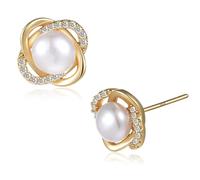 Pearl Earrings Studs 18K Gold Plated - Four Leaf Clover Design Pearl Stud Earrings for Women with Cubic Zirconia - Elegant Jewelry for Women