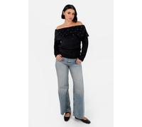 Lovedrobe Women's Jumper Ladies Sweater Off Shoulder Bardot Long Sleeve Pearl Embellished Fine Eyelash Knitwear, Black 12-14