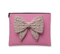 Pearl Embellished Makeup Pouch, Elegant Bow Pattern Cosmetic Travel Bag for Women, Stylish Large Zipper Clutch, Holiday Gift Toiletry Organizer, Peach, 7x9 Inch, Bow