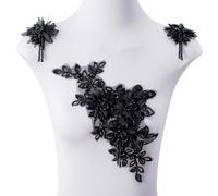 Pearl Fabric Beaded Tassel Lace Applique,3D Flowers Embroidered Patch for Wedding Bride Dress Clothes Hat Curtain (Black)