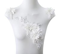 Pearl Fabric Beaded Tassel Lace Applique,3D Flowers Embroidered Patch for Wedding Bride Dress Clothes Hat Curtain (White)