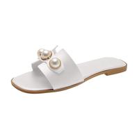 Pearl Flat Slippers Womens Beach Flip Flops Sale Clearance,Ladies Cut Out PU Sliders Soft Insole Slip On Slides Summer Open Toe Sandals Casual Comfy Slide Square Toe Slipper Retro Flats UK Size 3-8.5