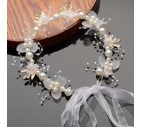 Pearl Floral Headband with Ribbon Tie - Elegant Wedding Hair Accessories for Women & Girls, Lightweight Adjustable Fairy Crown with White Flowers, Gold Leaves, for Party, Birthday, Festival