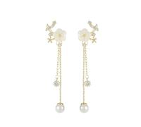 Pearl Flower Dangle Drop Earrings for Women Trendy 14K Gold Plated Long Thread Chain Dainty Wedding Floral Earrings for Bride CZ Cute Statement Bling Jewelry Gift, Brass, Cubic Zirconia