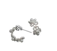 Pearl Flower Earrings - Silver Lace-Textured Cuff Studs with Mini Pearl Accents | Delicate Vintage-Inspired Floral Earrings for Women