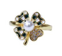 Pearl Flower Statement Ring for Women Four Leaf Clover Rhinestone Adjustable Stacking Rings Eternity Promise Finger Band Wedding Jewelry