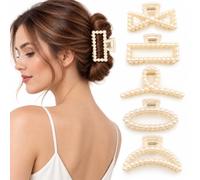 Pearl Hair Clips 5 Pack, Claw Clips for Women, Hair Accessories for Women | 5 assorted designs with mixed sizes and secure grip for buns, ponytails and half-up styles; bridal hair clips for weddings.
