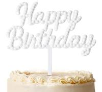 Pearl Happy Birthday Cake Topper with Acrylic Base, 6.3 x 7.2 Inches White Letter Cake Sign for Elegant Birthday Party Decorations and Cake Supplies
