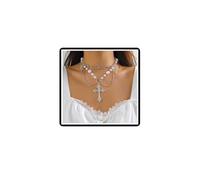 Pearl Heart Pendant Necklace Crystal Cross Bow Necklace Chain Vintage Boho Layered Faux Pearl Flower Tassels Jewelry for Women Girls (Silver B)