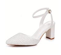 Pearl Heels For Women Mid Block Ankle Strap Heeled Sandals with a Back Strap,Pointed Closed Toe Evening Bridal Shoes for Wedding Party Dress Shoes,7.5