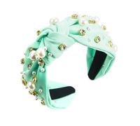 Pearl Knotted Headband Fabric Knotted Headband Wide Edge Nail Diamond Pearl Hairband Temperament Women's Hair Accessories(Light green)