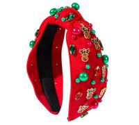 Pearl Knotted Headbands For Women Girls Christmas Jeweled Rhinestone Crystal Wide Hairbands Beaded Headpiece Outfits Xmas Gifts (Rudolf Reindeer Red, One size)