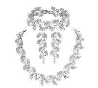 Pearl Leaf Wedding Bridal Crystal Jewelry Sets for Women (1 Set Earrings,1 PCS Necklace,1 PCS Bracelet)