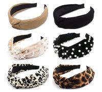 Pearl Leopard Knotted Elastic Headband - Twisted Headwrap Ear Wide Hair Hoops Accessories for Girls & Women - Cute Knot Head Band 6 Packs (A, One Size)