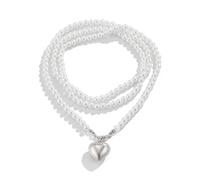 Pearl Long Necklace for Women,Fake Pearl Gold Heart Multilayer Choker,Trendy Vintage Puffy Love Pendant Round Beaded Chain Extra Long Ball Necklace, L, Alloy Steel, No Gemstone