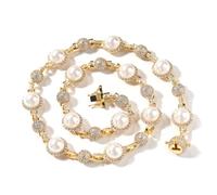 Pearl Necklace, Iced Ball Chain Necklace, 18K Gold Plated Cubic Zirconia, 8.5mm Round Pearl Chain, Cuban Link Chain, Hip Hop Jewelry for Men and Women, 16 Inch, Copper