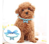 Pearl Pet Collar Adjustable Necklace for Small Dogs Cats with Elegant Bone Pendant Jewelry Accessory (Sky Blue, M)