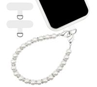 Pearl Phone Charm, Universal Cell Phone Lanyard, Beaded Smartphone Bracelet Wrist Strap with 2 Pcs Phones Patches, Cellphone Chain Wrist Strap, Cellphone Lanyard Beaded Bracelets for Women (Sliver)
