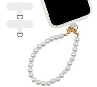 Pearl Phone Charm, Universal Cell Phone Lanyard, Beaded Smartphone Bracelet Wrist Strap with 2 Pcs Phones Patches, Cellphone Chain Wrist Strap, Cellphone Lanyard Beaded Bracelets for Women (White)
