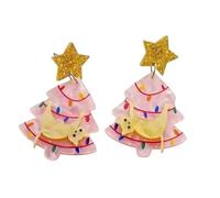 Pearl Pink Kitten Cat Funny Christmas Tree Xmas Statement Laser Cut Acrylic Big Oversized Gift Handcrafted Custom Unique Stud Earrings for Pierced Ears, Personalized Fashion Jewelry Studs Jewellery