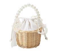 Pearl Rattan Handbag Beach Rattan Bag,Wicker Rattan Flower Girl Basket Rustic Wedding Flower Girl Basket with Pearl Handle and Bow Fairy Small Flower Basket for Wedding Gift Packaging(20 * 12 * 12)