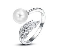 Pearl Ring Birthstone Adjustable Open Feather Ring 925 Sterling Silver Birth Stone Ring Jewelry Gift Birthday Gift for Mom Women Wife Girls (O-pearl ring)