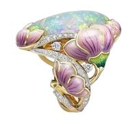Pearl Ring Enamel Painted Ring Flower Leaves Rings Jewelry Full Zircon Lady Ring Gold Opal Green Enamel Ring For Woman Girls Fashion Rings (Purple, One Size)