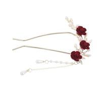 Pearl Rose Hair Stick with Three Flowers U Shape Bridal Updo Pin | Decorative Tassel Finish, Secure Bun Hold, for Photoshoots and Engagement Parties, Bridesmaids and Dancers