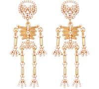 Pearl Skull Dangle Earrings for Women, Gothic Alloy Drop Jewelry | Rhinestone Accent, Golden Finish, Everyday Goth Style, Ladies Accessory, One Pair