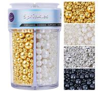 Pearl Sprinkles for Cake Decorating, 4 Colors Mixed - White Gold Silver Black Edible Pearls for Baking, Birthday Cakes, Wedding Cupcakes, Cookies, Donuts & Ice Cream Toppings