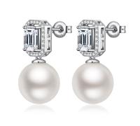 Pearl Stud Earrings Diamond Cubic Zirconia White Pearl Drop Earrings Sterling Silver 12MM Large CZ Dangle Earrings Jiahanzb