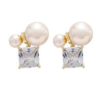 Pearl Stud Earrings for Women Square Zirconia Double Sided Front Back Drop Clear Crystal Copper Jewelry Geometric Princess Cut Gems 3x1.5CM Elegant Statement Ear Studs Daily Wear