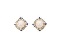 Pearl Stud Earrings for Women, Two-Tone Gold Silver with Sapphire & Crystal Halo, Exquisite And Elegant Jewelry Gift for Her