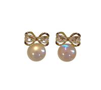 Pearl Stud Earrings with Gold Bow, Iridescent White Gemstone, Elegant Drop Design