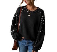 Pearl Sweater for Women Lantern Sleeve Drop Shoulder Crewneck Sweatshirt Knit Chunky Pullover Sweaters with Pearls, Black, XL