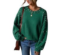 Pearl Sweater for Women Lantern Sleeve Drop Shoulder Crewneck Sweatshirt Knit Chunky Pullover Sweaters with Pearls, Green, Small