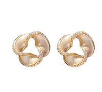 Pearl Twist Knot Stud Earrings for Women, Minimalist White Shell Round Earrings with Diamond Accent, Everyday Light Luxury Jewelry for Office