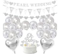 Pearl Wedding Decorations Set, 30th Wedding Anniversary Decorations 30th Banner Happy 30 Anniversary Balloons with Cake Topper Heart Foil Balloons for 30 Pearl Couple Anniversay Party