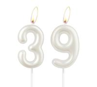 Pearl White 39th Birthday Candle, White Happy Birthday Number 39 Cake Candle Topper for Girls, Wedding Anniversary Commemoration