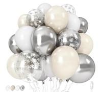 Pearl White Winter Wonderland Balloons, 12 Inch Pearl Sand White and Metallic Silver Snowflakes Balloons for Ice Snow Wonderland Wedding Baby Shower Birthday Christmas New Year’s Party Decorations