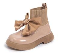Pearleaf Girls Bowknot Sock Boots - Winter Pull On Ankle Boots School Shoes for Children - Khaki